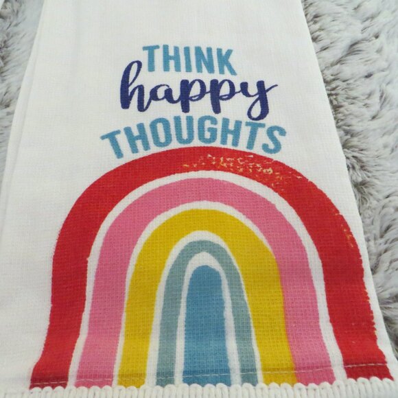 Think Happy Thoughts Rainbow Boho Hand Towels Set Of 2 New - Picture 3 of 6